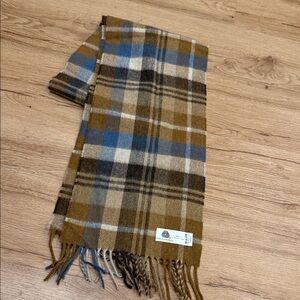 Elegant Plaid Scarf in Blue, Brown, and Cream